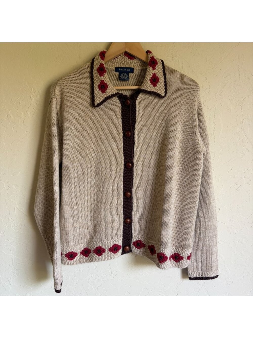 Vintage Eagle's Eye Tan Brown Geometric  Ramie + Cotton Cardigan XL Hong Kong
